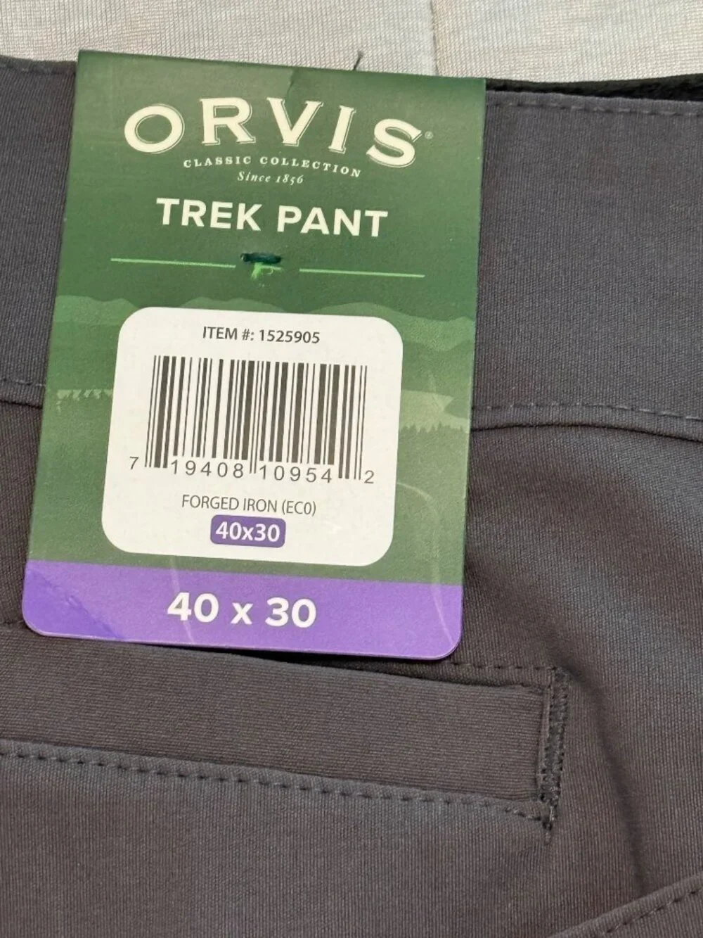 Orvis Trek Pant Mens 40x30 Forged Iron Eco Water-Repellent Stretch Nylon Spandex